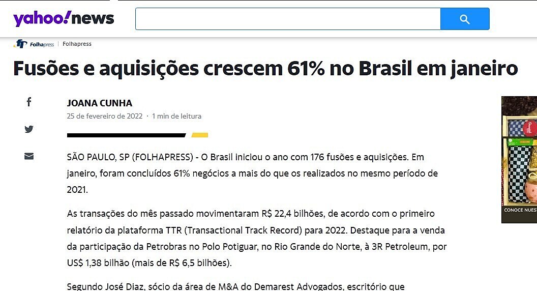 Fuses e aquisies crescem 61% no Brasil em janeiro